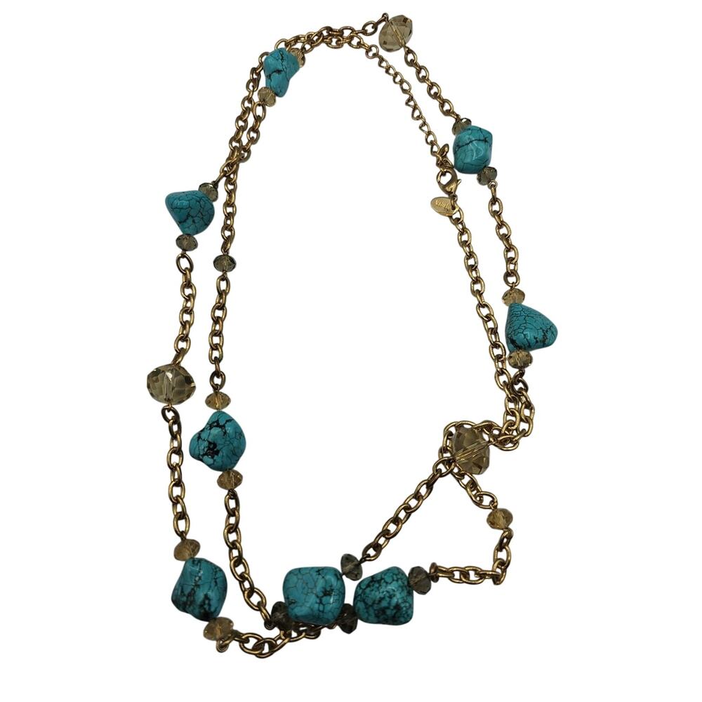 48"Gold Tone Necklace Turquoise Howlite Nuggets & Crystal Beads Station Necklace